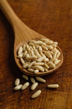 Wooden spoon full of pine nuts on table