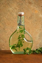 Olive oil bottle with oregano leaves