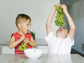 Brothers (2-3, 6-7) eating white grapes