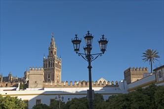 Spain, Andalusia, Seville, La Giralda bell tower of Seville cathedral with ornate street light in foreground