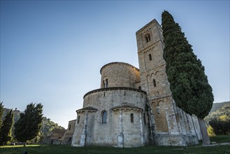 Italy, Tuscany, Montalcino, Facade of Abbey of Sant'Antimo near Montalcino city