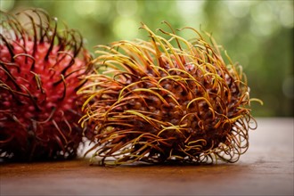Lychee covered with spiked shell on table
