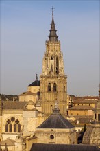 Spain, Castile-La Mancha, Toledo, Illuminated tower of Toledo Cathedral