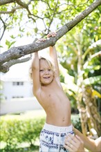 Boy hanging on tree
