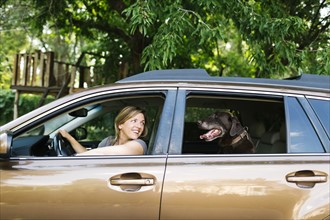 Woman and Labrador Retriever sitting in car