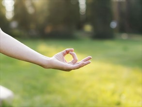 Hand of woman practicing yoga in forest