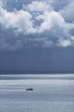 Ireland, County Donegal, Fishing boat on Donegal Bay seen from Wild Atlantic Way