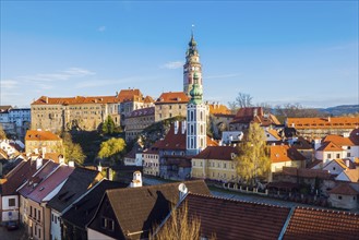 Czech Republic, South Bohemia, Cesky Krumlov, Castle and buildings against clear sky
