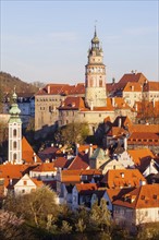 Czech Republic, South Bohemia, Cesky Krumlov, Townhouses and castle in background