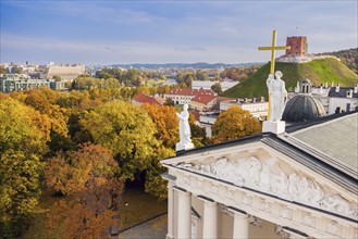 Lithuania, Vilnius, Vilnius cathedral roof with cityscape in background