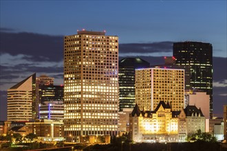 Canada, Alberta, Edmonton, Illuminated office buildings at dusk