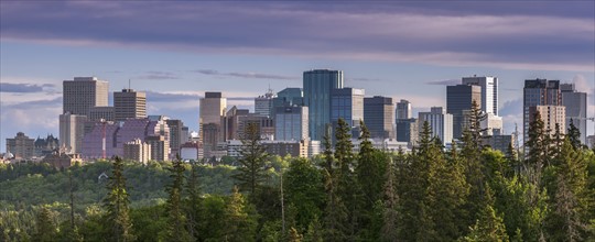 Canada, Alberta, Edmonton, Cityscape with trees in foreground