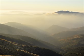 Ukraine, Zakarpattia region, Rakhiv district, Carpathians, Chornohora, Mountain landscape with mist