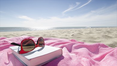 Book and sunglasses on pink towel on sandy beach