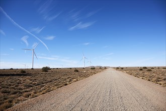 USA, Arizona, Wind turbines and road in arid landscape