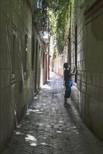 Spain, Seville, Woman taking photo with cell phone in backstreets of Judeira