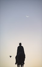 Spain, Seville, Plaza Nueva, Silhouette of equestrian statue of King Fernando III