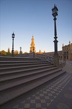 Spain, Andalusia, Seville, Stairway on Plaza de Espana at dawn