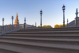 Spain, Andalusia, Seville, Stairway on Plaza de Espana at dawn