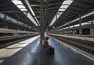 Spain, Andalusia, Cordoba, Woman on empty train platform
