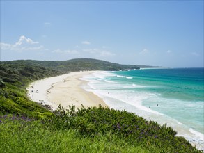 Australia, New South Wales, Moruya, Blue sky above coastline and sea