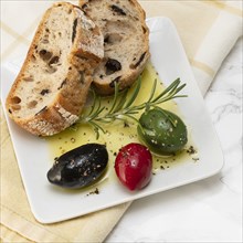 Appetiser of bread and olives