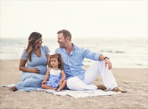 Family sitting on blanket on beach