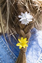 Close up of flowers in girl's braided hair