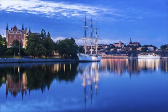 Ship on river at sunset in Stockholm, Sweden