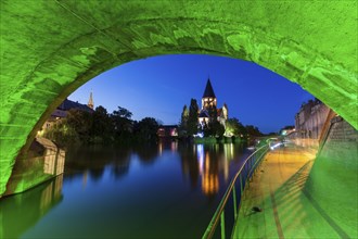 Temple Neuf and illuminated bridge in Metz, France