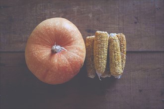 Pumpkin and corn cobs