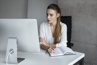 Young businesswoman taking notes while working at desktop computer