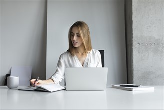Young businesswoman writing notes while working on laptop