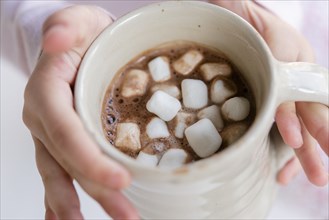Hands of girl holding hot chocolate with marshmallows
