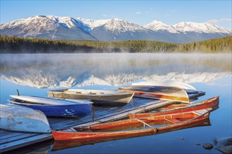 Canoes on Patricia Lake in Jasper National Park, Alberta, Canada