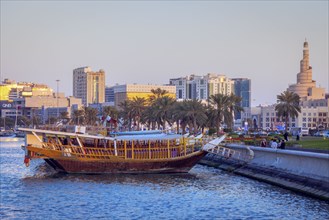 Boat moored by Al Fanar Mosque in Doha, Qatar