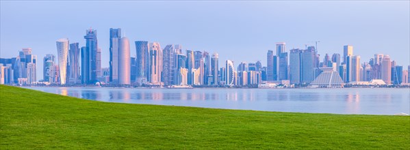 Lawn by skyline of Doha, Qatar