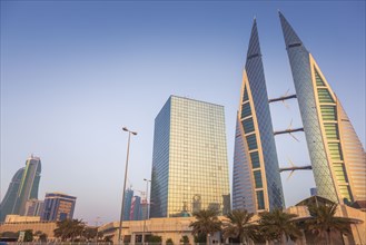 Low angle view of Bahrain World Trade Center in Manama, Bahrain