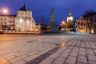 Town square at night in Lviv, Ukraine