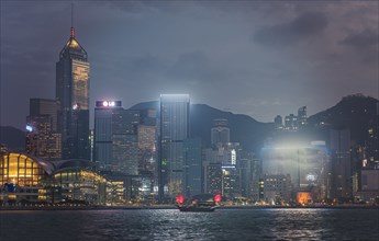 City skyline at sunset in Hong Kong, China