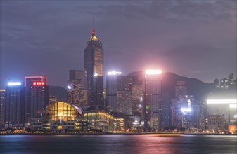 City skyline at sunset in Hong Kong, China