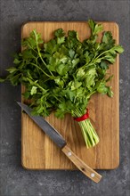 Bunch of parsley and knife on cutting board