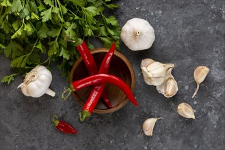 Parsley, garlic and chili peppers