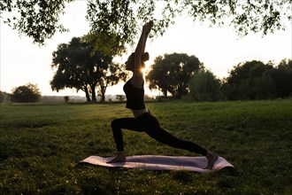 Young woman practicing yoga in park at sunset