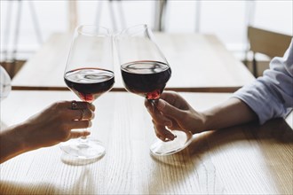 Hands of women toasting with glasses of red wine