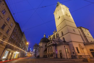 Low angle view of Latin Cathedral at night in Lviv, Ukraine