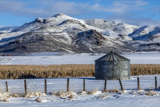 Grain silo in field by mountain during winter