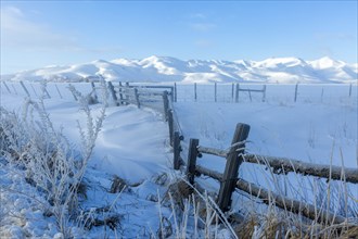 Fence and snow field during winter in Picabo, Idaho