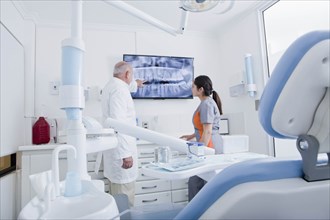 Dentist and dental hygienist examining X-ray on television screen