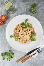 Pasta topped with cheese and basil